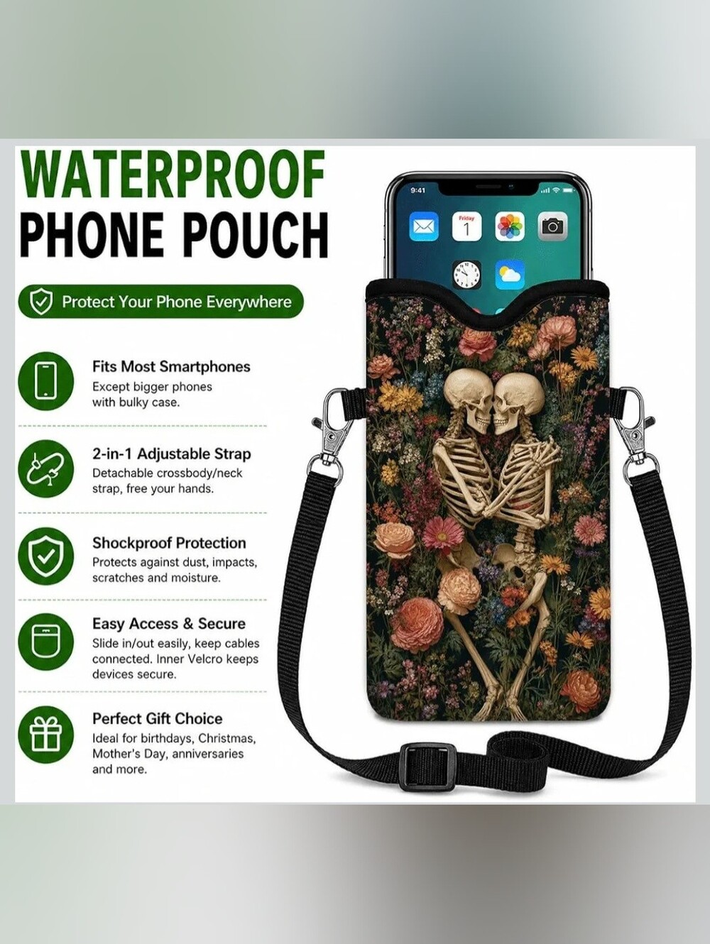 Floral Skeleton Crossbody Phone Pouch - Black Strap - Picture 2 of 6